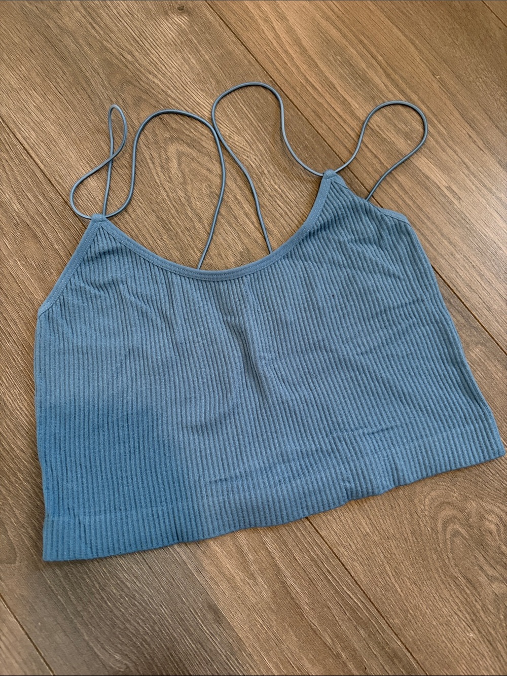 Blue Ribbed Spaghetti-Strap Crop Top - Women